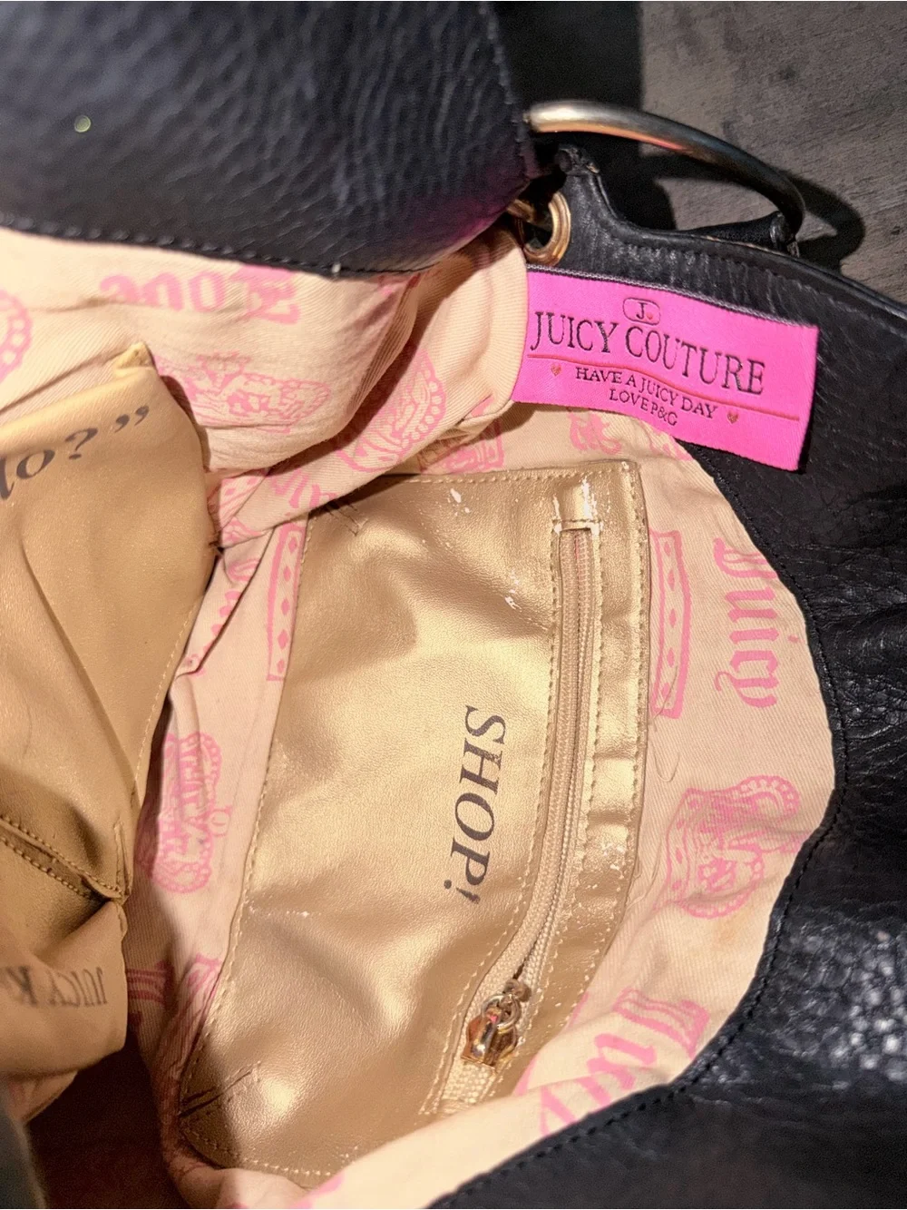 Vintage Juicy Couture Black Pebbled Leather Shoulder Bag with rabbit foot Tassel